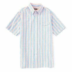 Outlet ???? Cremieux Woven Seersucker Plaid Performance Stretch Short-Sleeve ???? Shirt Bright Coral ????