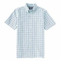 New ???? Cremieux Plaid Oxford Green Short-Sleeve Woven ???? Shirt Bright Aqua ????