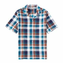New ❤️ Daniel Cremieux Signature Linen Plaid Short-Sleeve Woven Camp ???? Shirt Indigo ???? -Cremieux Shop unnamed file 985